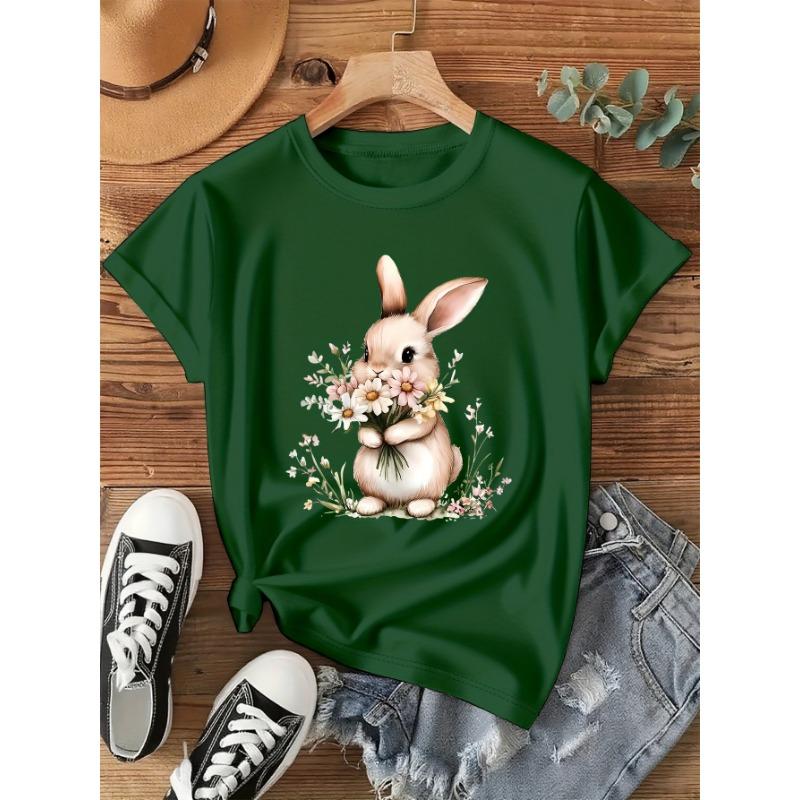 Cute Bunny and Flower Printed T-shirt, Short-sleeved Crew Neck Casual Top