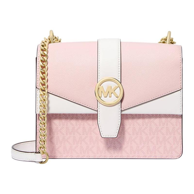 MICHAEL KORS Greenwich Metal Logo Accessories Chain Shoulder Strap Coated Canvas Shoulder Bag Small Women s Pink Blush золотой
