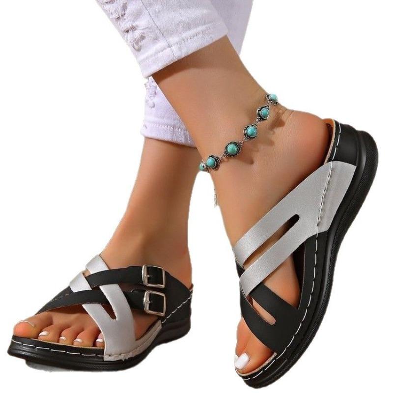 New Large Size Solid Color Slippers Female Fish Mouth Thick Bottom Fashion Belt Buckle One Word Cool Slippers