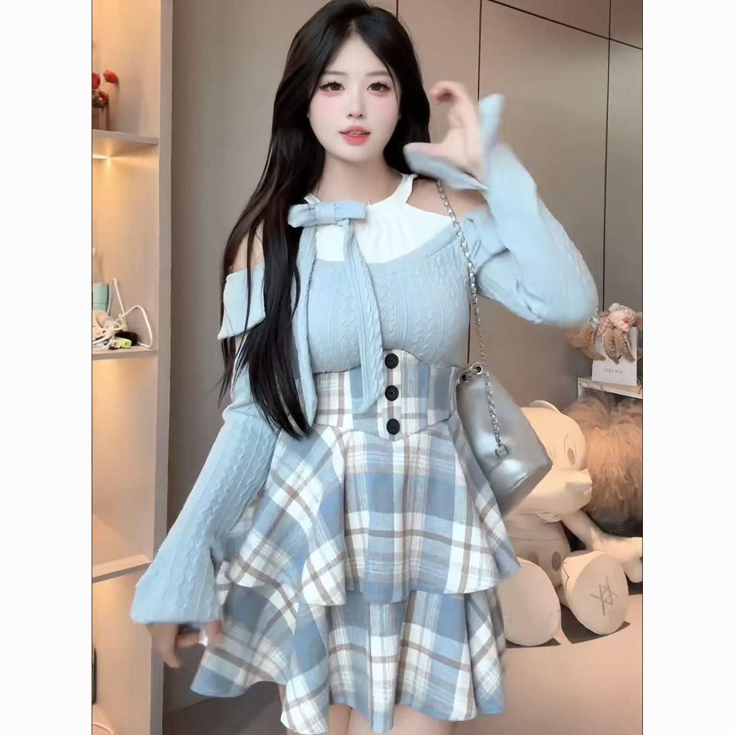 

Plus Size Off-Shoulder Knit Top & Plaid High-Waist Slimming Skirt Set L (for 100-115 jin)