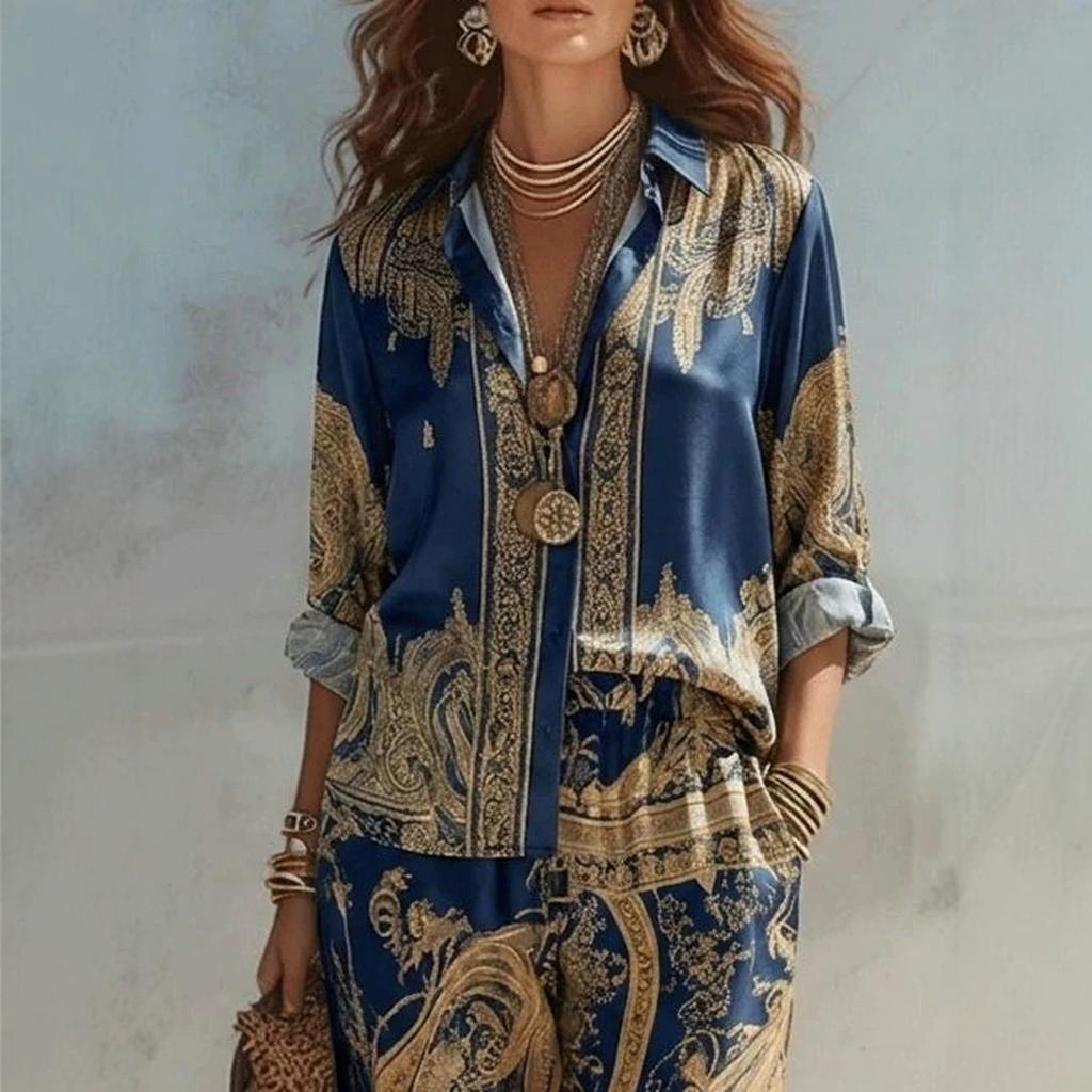 Conjunto de camisa de manga comprida estampada nova e calça de perna larga europeu e americano conjunto casual de duas peças moda feminina