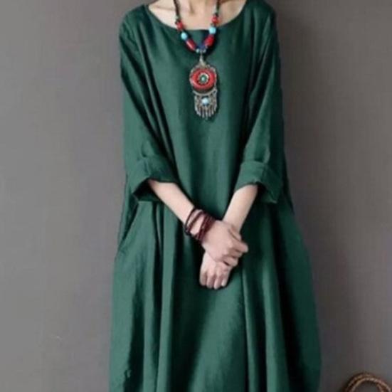 Kadın Elbise Uzun Kollu Bisiklet Yaka Düz Renk Retro Nefes Alabilen Bol Bilek Boyu Büyük Beden Saf Renk Maksi Elbise Günlük Kıyafetler