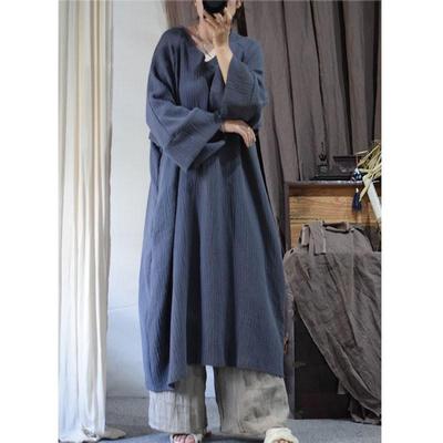 Woman Spring Chinese Style Solid Color Dress V-Neck Retro Loose Fashion Casual Dress