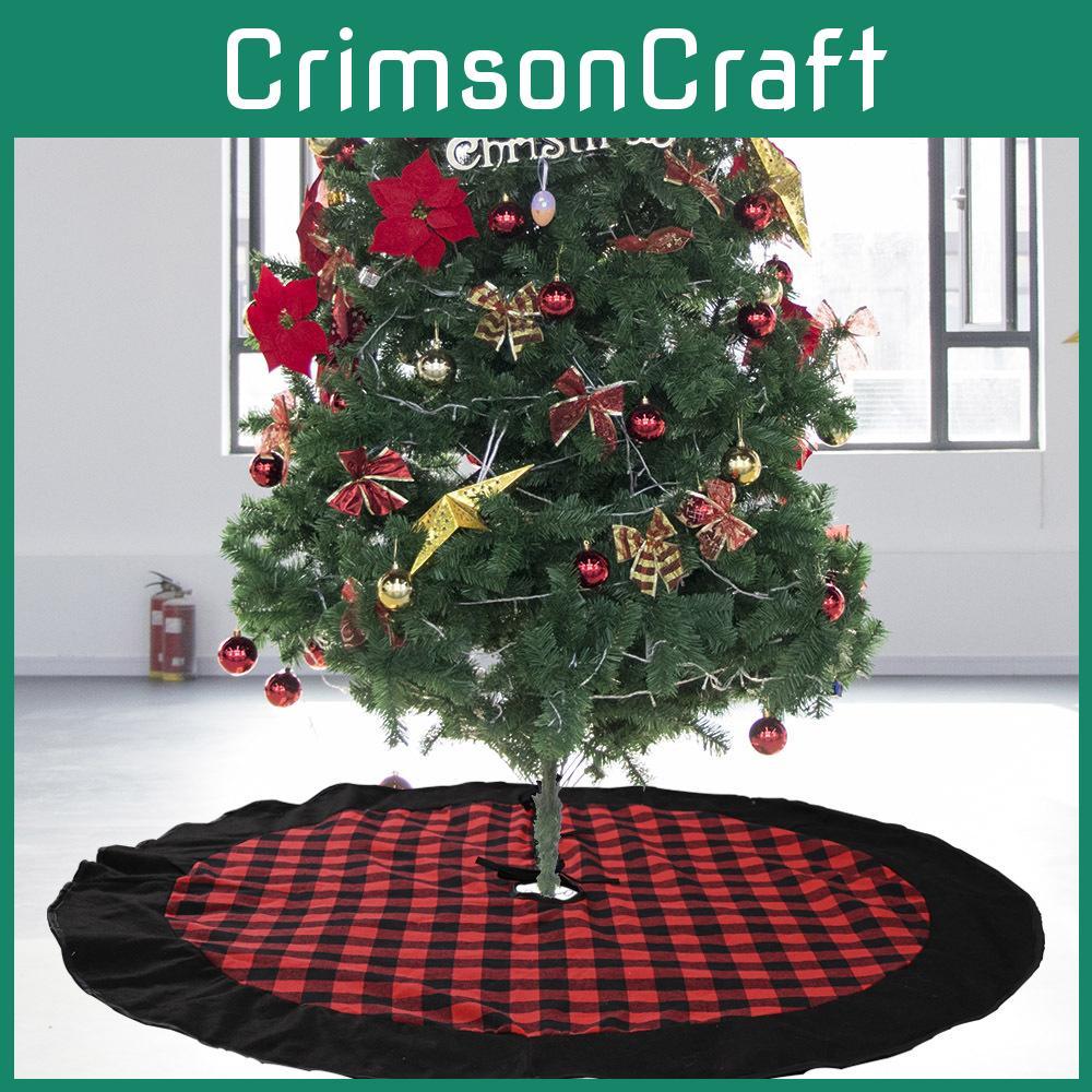 Stylish Red And Black Plaid Fabric Christmas Tree Skirt Soft Plush Design For Seasonal Decor