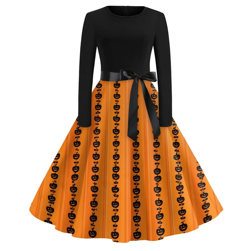 Women's Casual Vintage Halloween Dress Long Sleeve Round Neck A-Line Midi Dress with Bow Waistband and Pumpkin Print Skirt