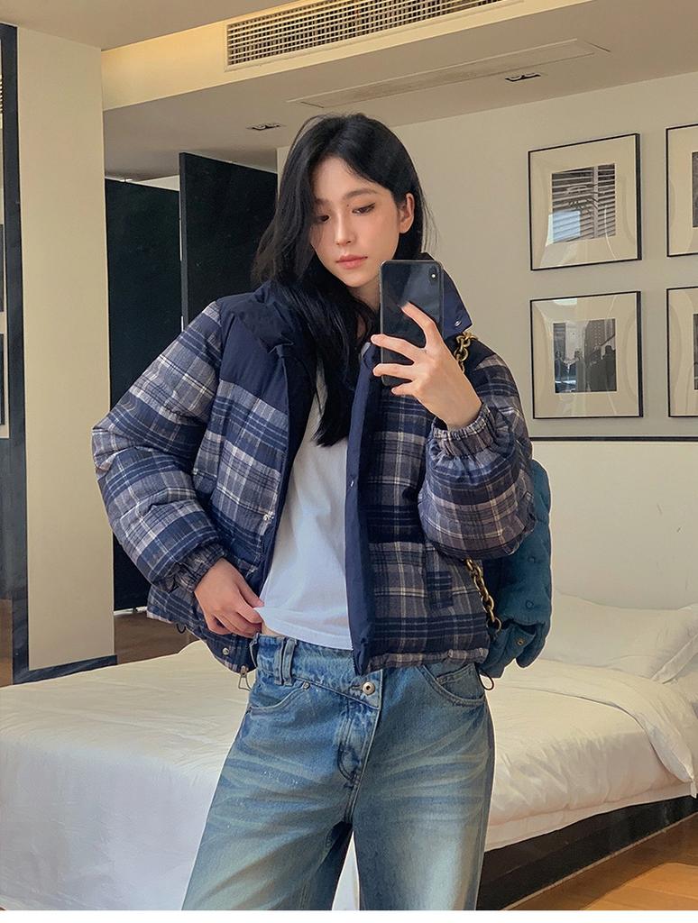 Abrigo Corto Estampado con Cuello Alto y Acolchado Grueso de Algodón Chaqueta de Invierno