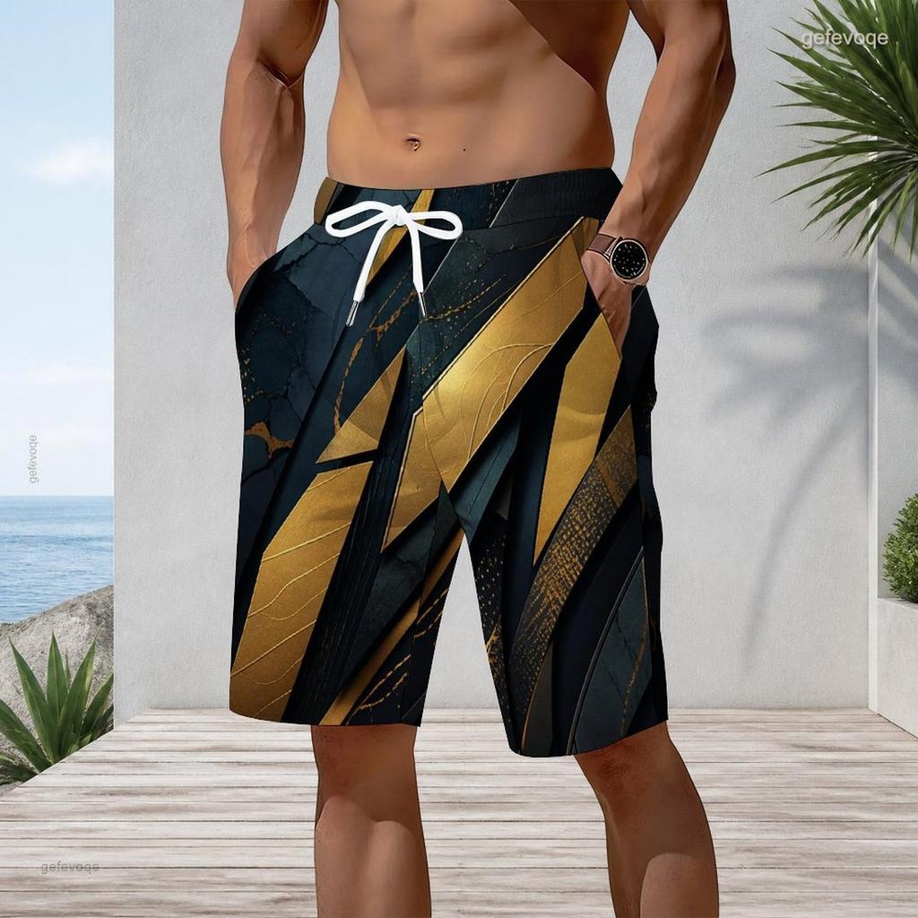 Men Plus Size Beach Shorts Abstract Black Gold Geometric Marble Print Drawstring Casual Swim Trunks For Summer Surfing Swimming