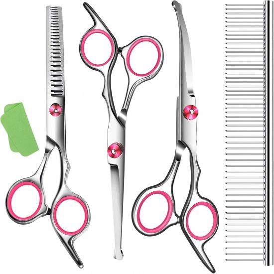 Dog Grooming Scissors with Safety Round Tip,Pet Grooming Scissors Kit,Dog Shears for Grooming,Incude Thinning,Curved Grooming Scissors and Comb for