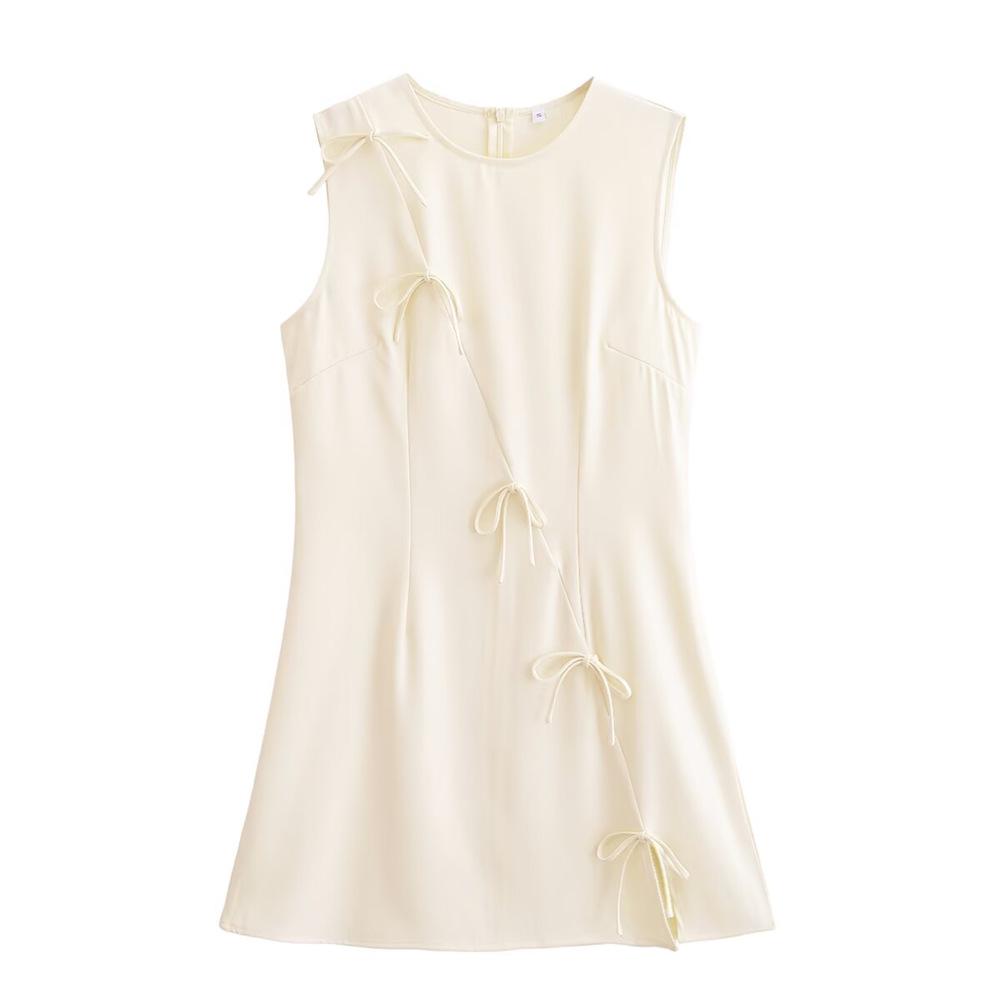 Spring/Summer 2025 Women's Bow-Embellished Round-Neck Dress - Simple, Casual, and Versatile.