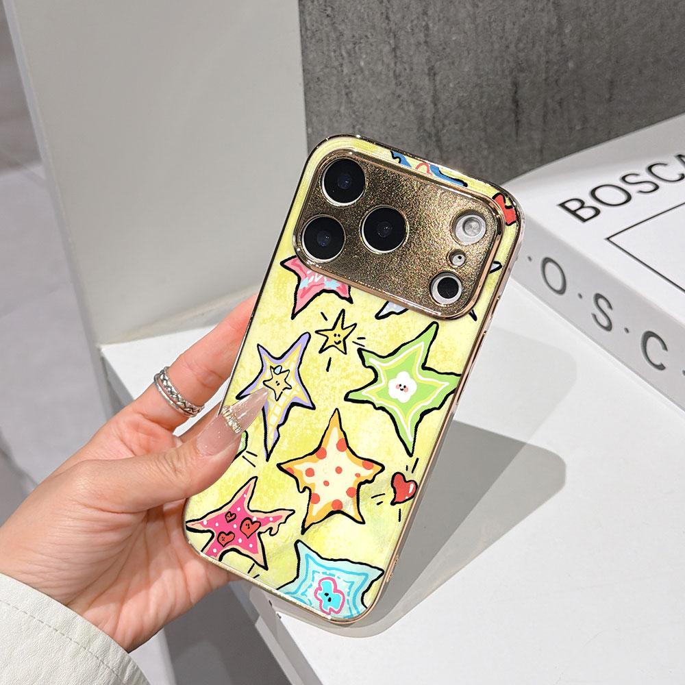 

Lucky Start Phone Case For iPhone 17 16 15 14 13 12 11 Pro Max 16E Gold Electroplated glass shell Cute Doodle Stars Cover IPHONE11PRO