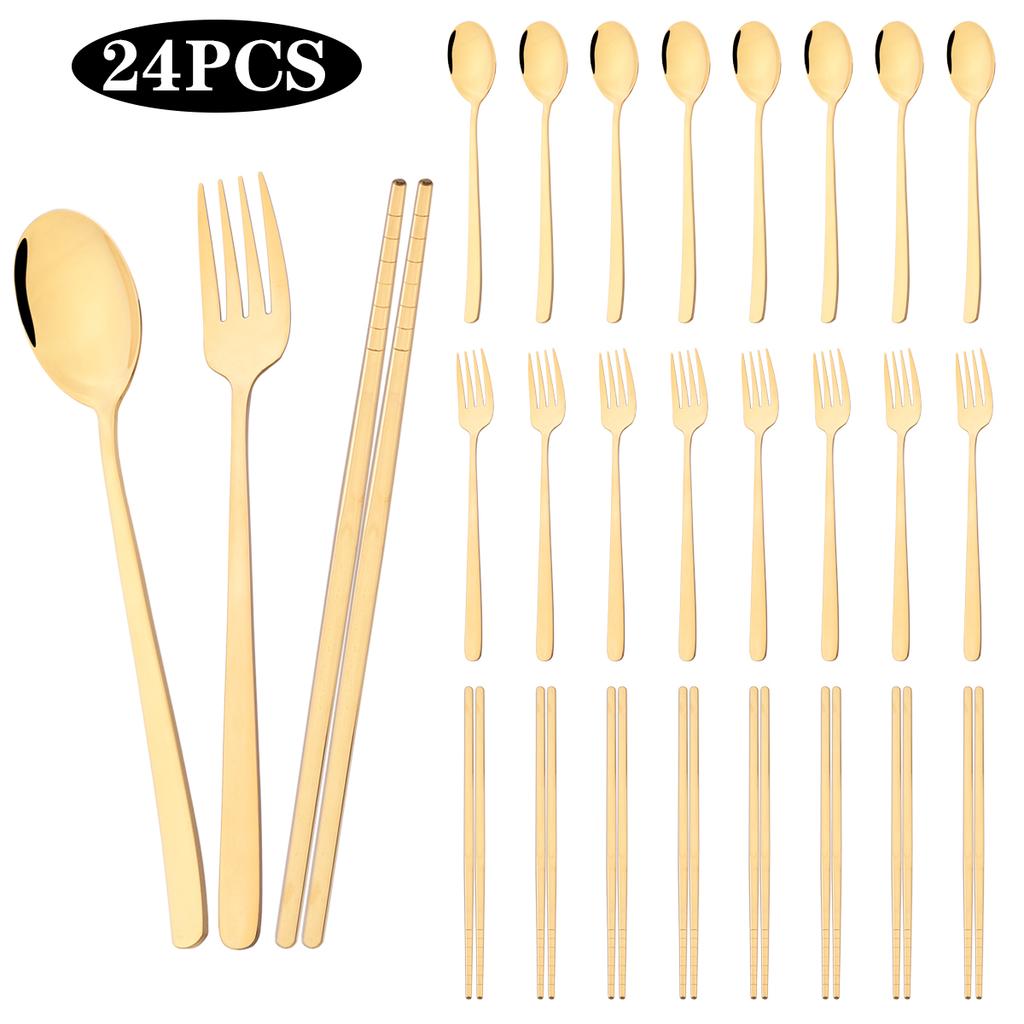 24pcs Black Gold Dinnerware Fork Spoon Chopsticks Cutlery Set Mirror Stainless Steel Flatware Western Party Kitchen Tableware