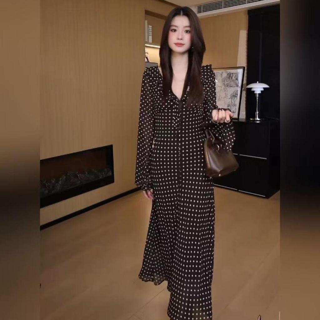 Women's Early Spring French Style Polka Dot Long Sleeve Flare Dress