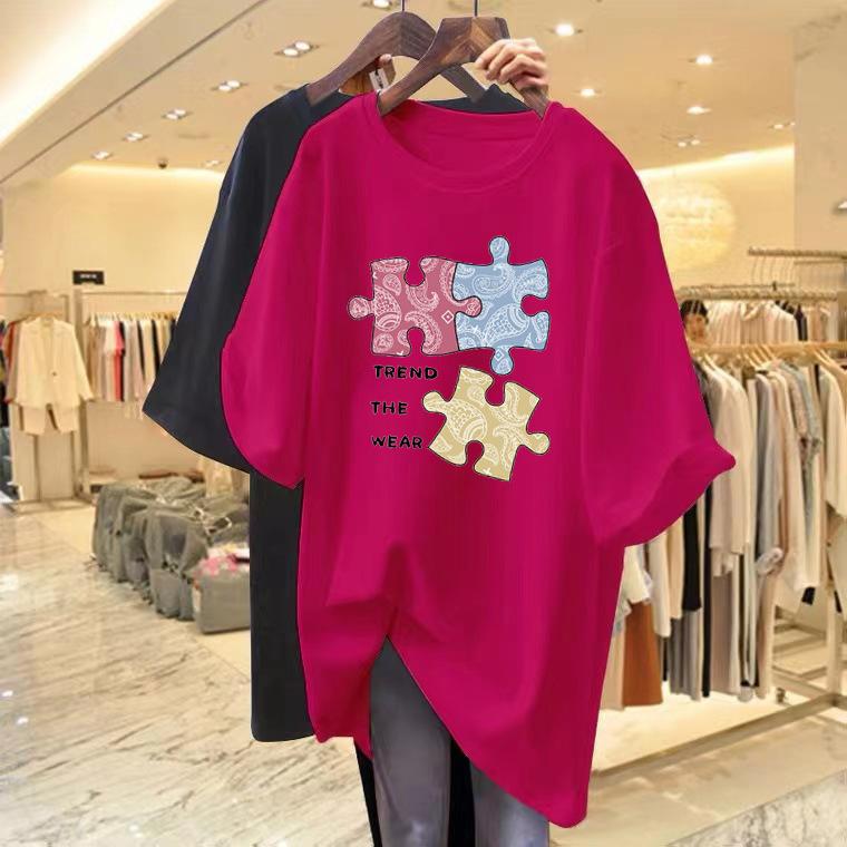 Cartoon puzzle letter printing short-sleeved t-shirt women's summer 2025 new loose casual versatile crew neck thin top
