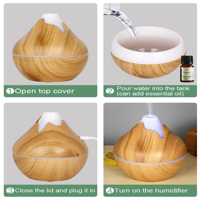 350ML USB-Aromaöl-Diffusor Holz elektrischer Luftbefeuchter Ultraschall-Luftbefeuchter Mini-Aromatherapie LED-Licht Nebelhersteller für Zuhause