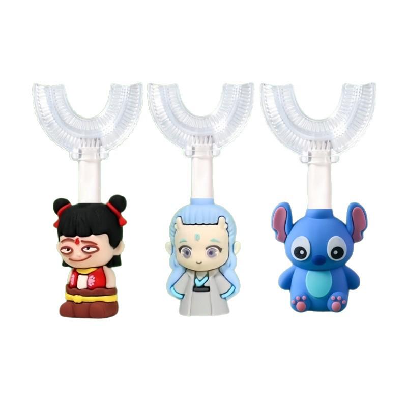Kids' U-shaped Toothbrush with Soft Bristle Silicone Head - Cartoon Nezha and Ao Bing Design for Ages 1-12