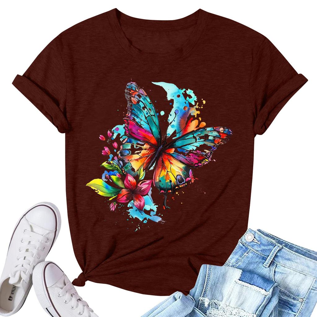 Women's Fashion Printed Casual Pleated Round Short Sleeve T-Shirt Top