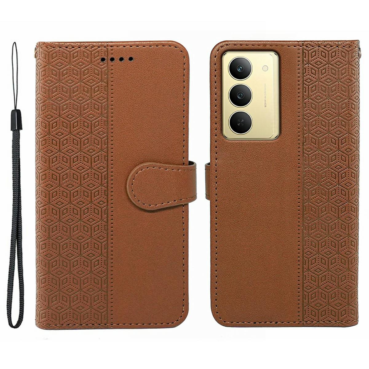 

Для Realme V60 Pro 5G/14x 5G Чохол Захист від подряпин Склейка Тиснений ромбовидний Шкіряний чохол для телефону Brown