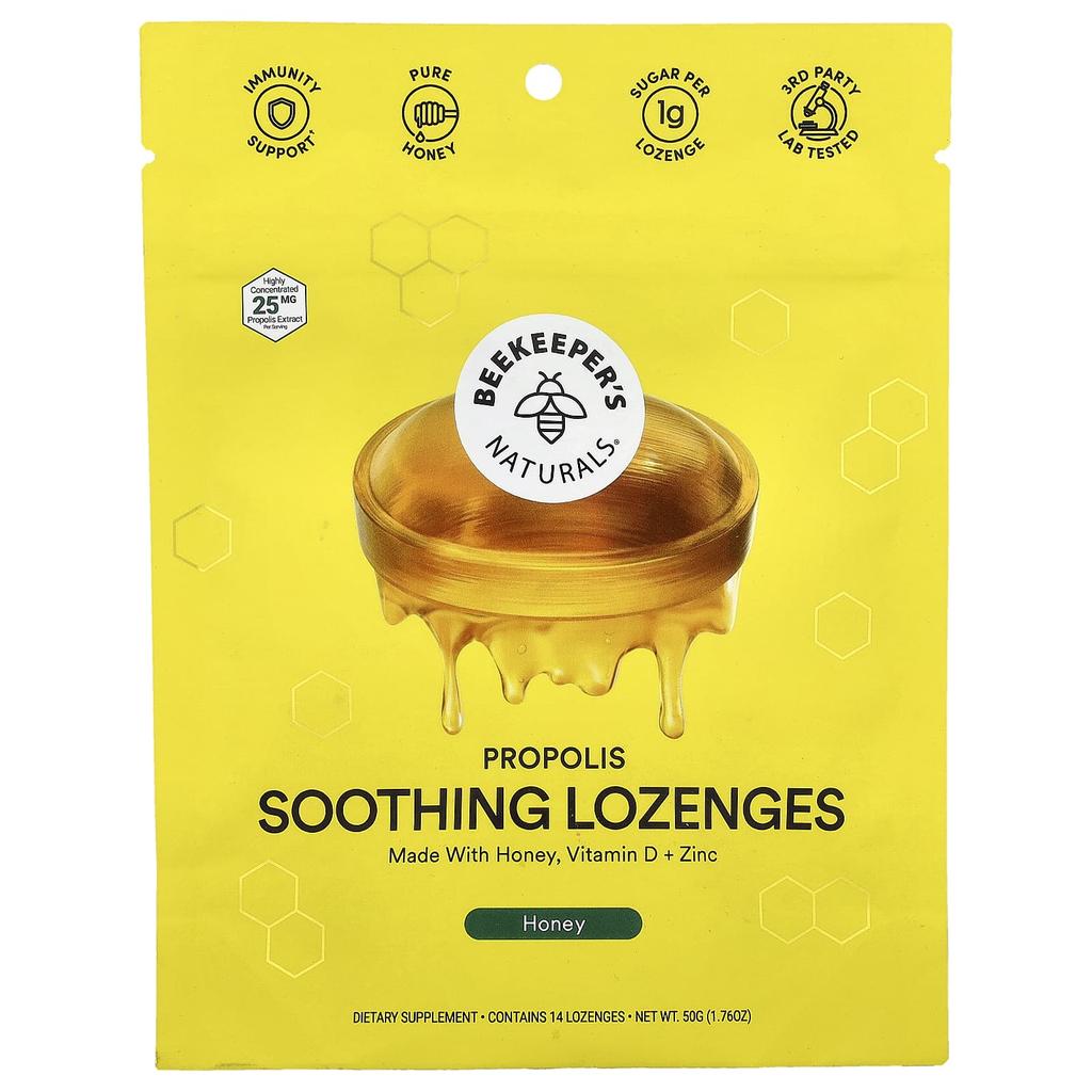 Beekeeper's Naturals Propolis Soothing Lozenges, Honey, 14 Lozenges, 50G (1.76Oz)