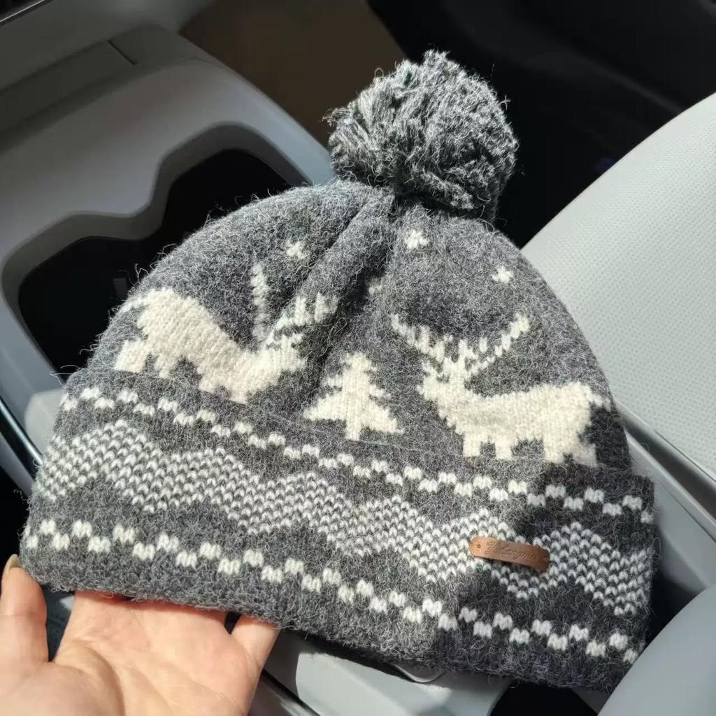 Red Deer Fur Ball Knitted Woolen Hat for Women New Autumn and Winter Face Showing Small Warm and Cold Proof Ear Protection Hat