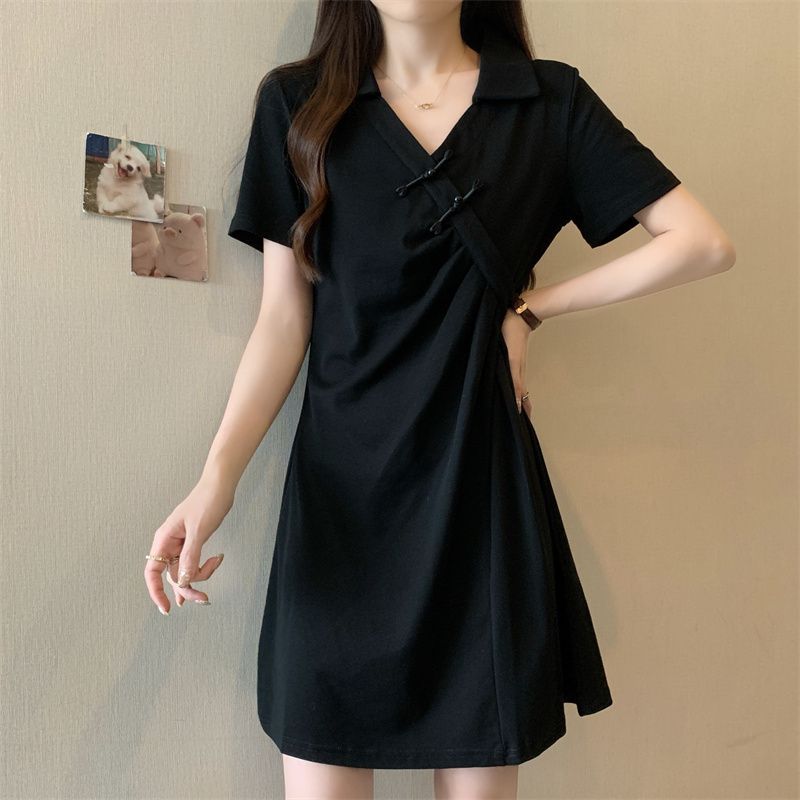 Elegant Folds Asymmetrical Dresses V-Neck Women's Clothing Stylish Vintage Chinese Disc Buckle Summer A-Line Waist Midi Dress