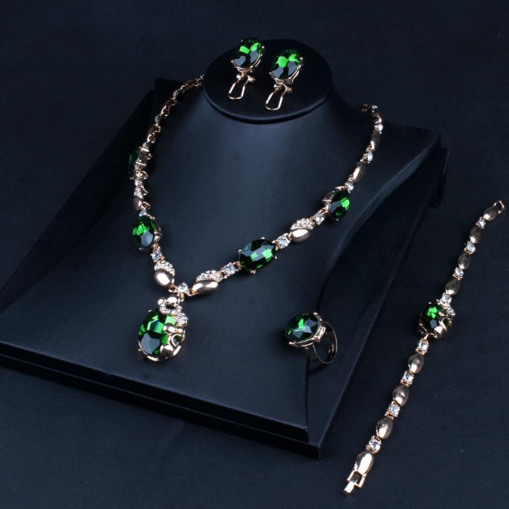 Chain European and American Crystal Gemstone Collarbone Chain Personalized Earrings Bracelet Ring Four-piece Set Sweater Chain