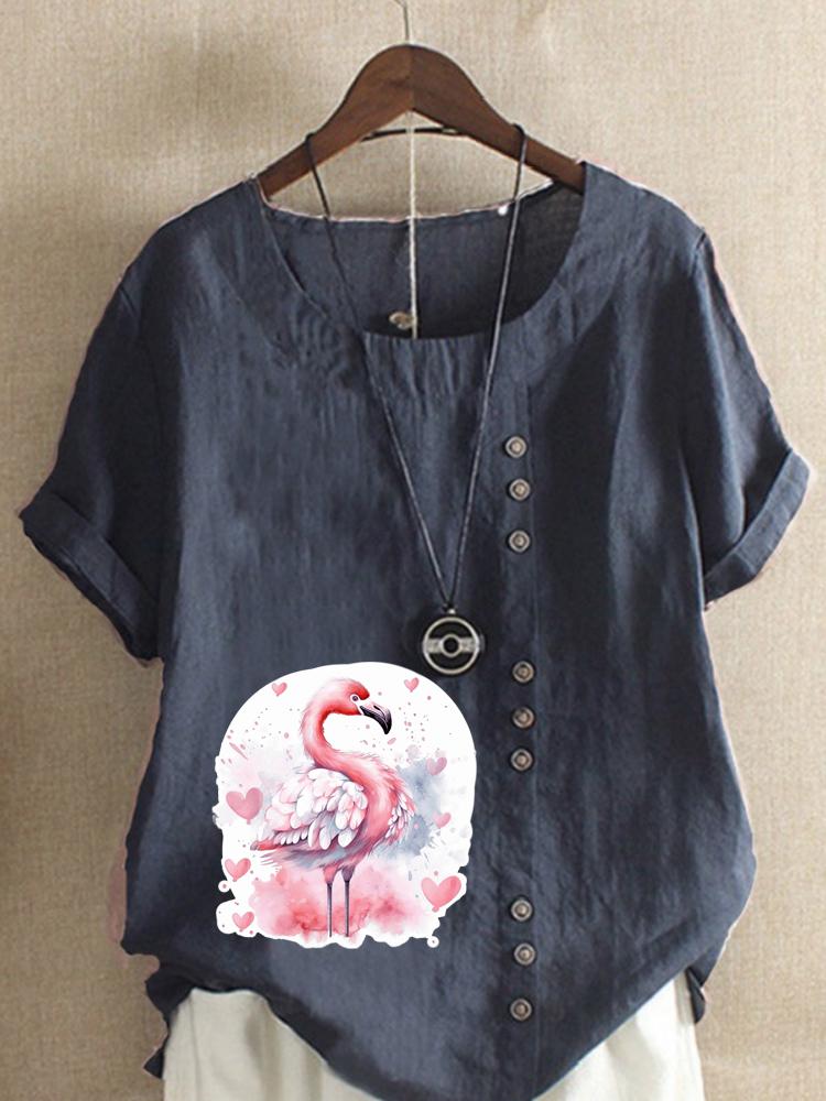 Women's Fashion Love Flame Bird Print Shot Sleeve T-shirt Loose Cotton Shirt Casual Loose Summer Blouse Tops Plus Size