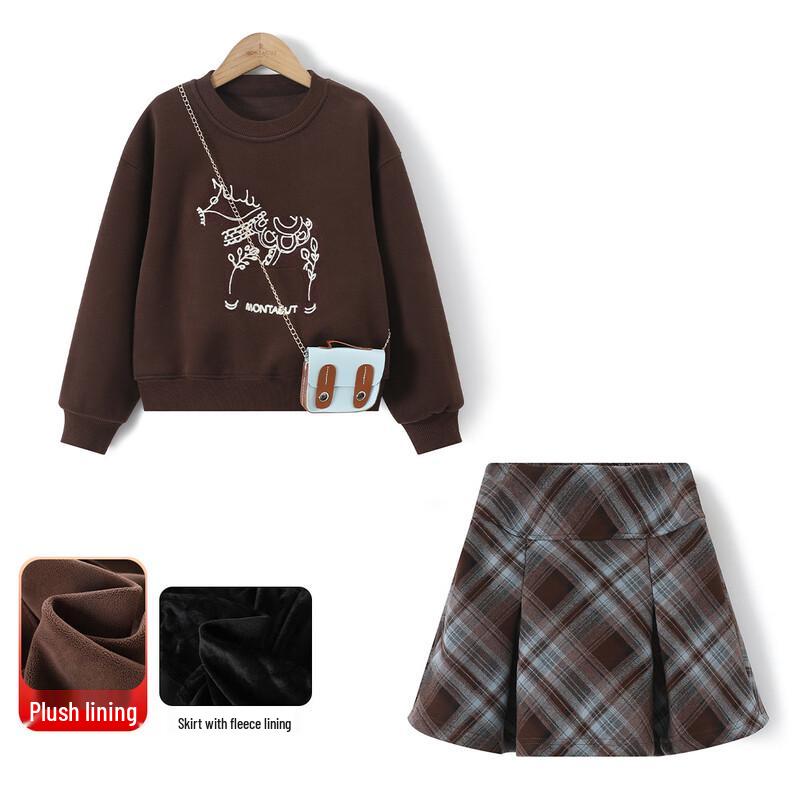 Montagut Girls  Fleece-Lined Sweatshirt & Plaid Skirt Set 130