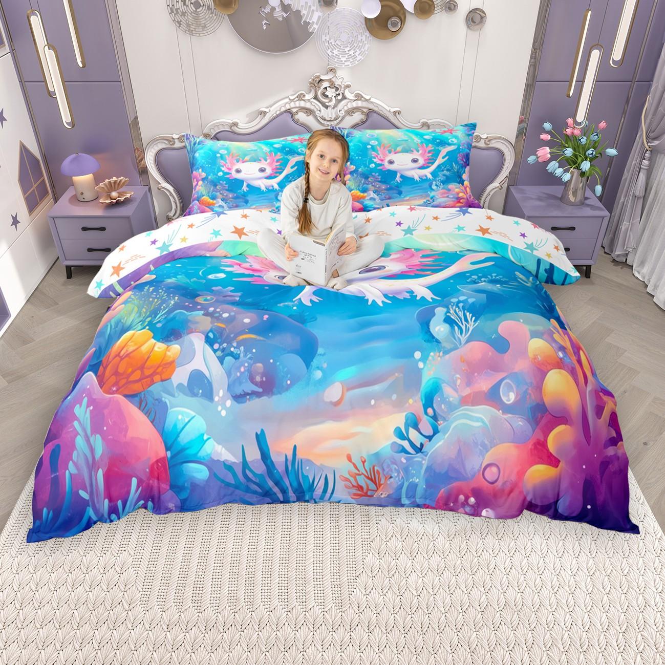 

Homewish Kawaii Pink Axolotl Duvet Cover Set For Girls Rainbow Galaxy Bed Set Ocean Fish Animal Quilt Cover Set US Twin(172*218cm)3pcs
