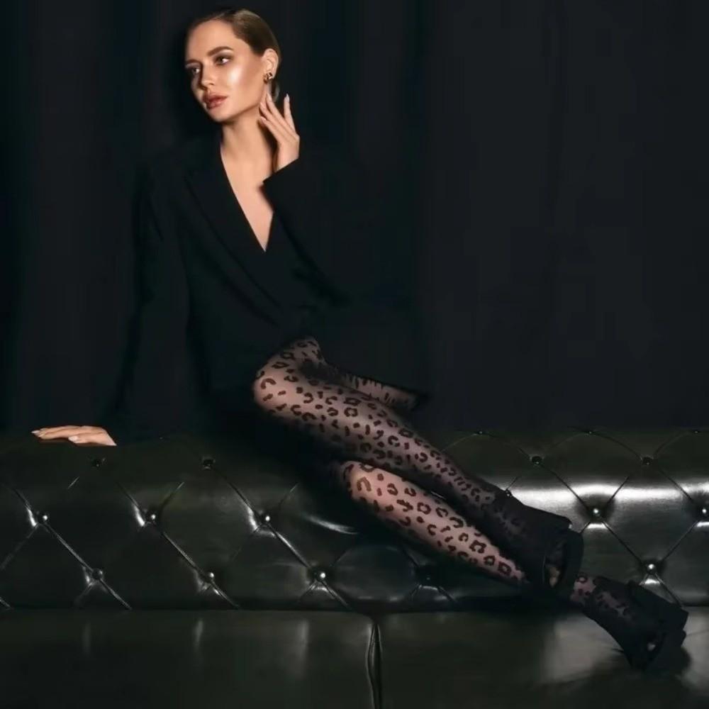 Black Sheer Tights Leopard Print Seamless Stockings Y2K Style Thin Pantyhose