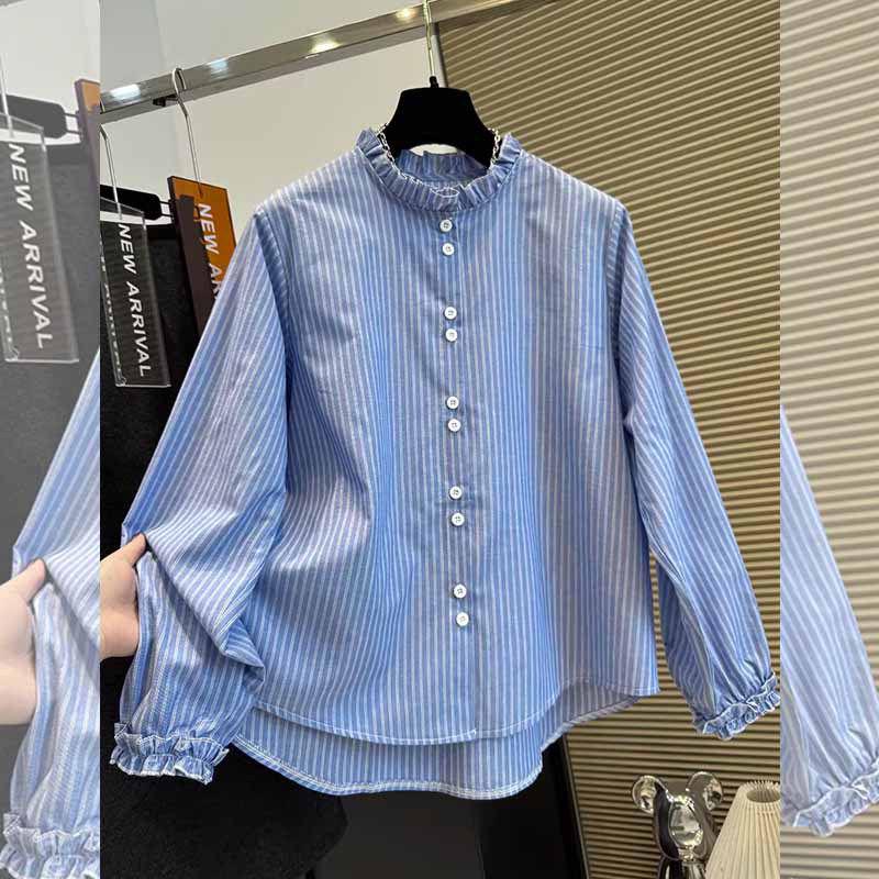 

Stylish Korean Stripe Long Sleeve Plus Size Lace Collar Shirt for Women XL синій