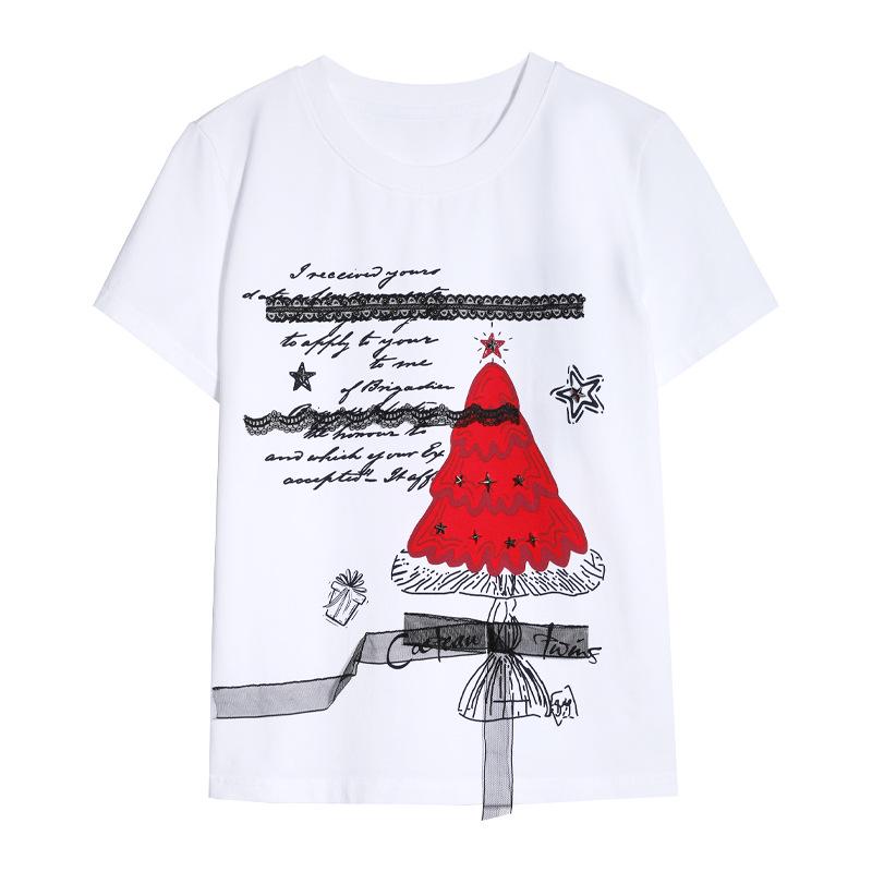 

Tuogu Versatile Lace White Slim Fit Round Neck Short Sleeve T-shirt for Women XLarge