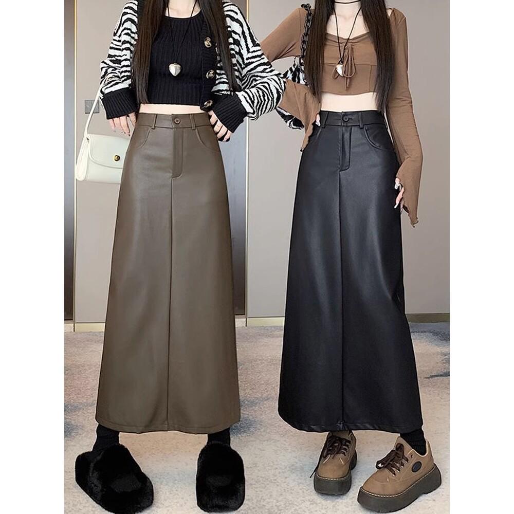 Plus Size High Waist PU Leather Midi Skirt - Retro A-Line Pencil Design with Slit for Women, Autumn/Winter Collection