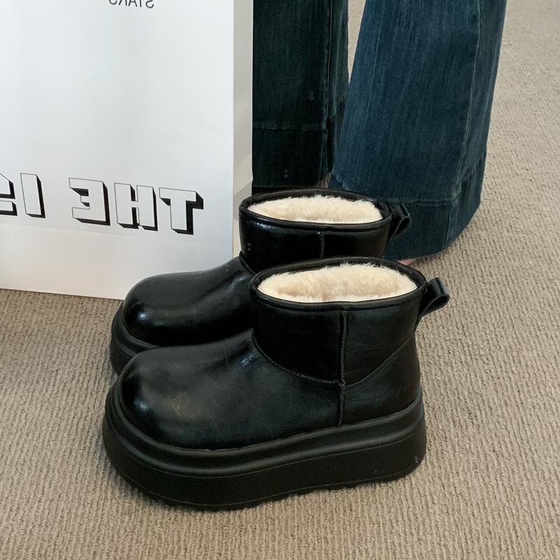 

thick-soled snow boots women s 2026 new winter velvet thickened leather waterproof and non-slip bread shoes brown cotton shoes 40 чорний
