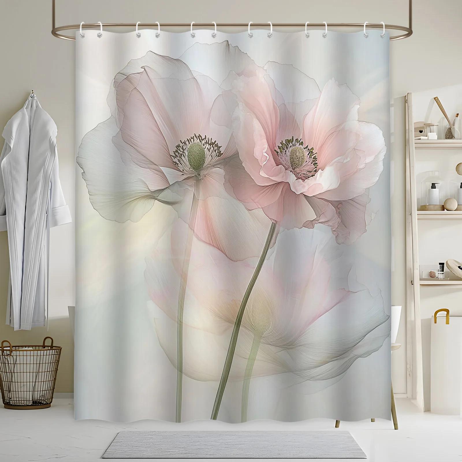 

Dreamy Pink Poppies Shower Curtain - Soft Impressionist Design, Pastel Translucent Flowers, Machine Washable Polyester W60H190(CM)-1 Pcs