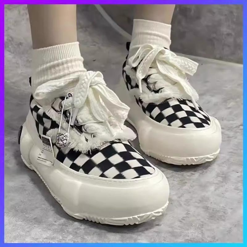 2025 New Black White Checkerboard Canvas Shoes Platform Thick Sole Lift Insoles Sport Casual Lovers Couple Unisex Sneakers