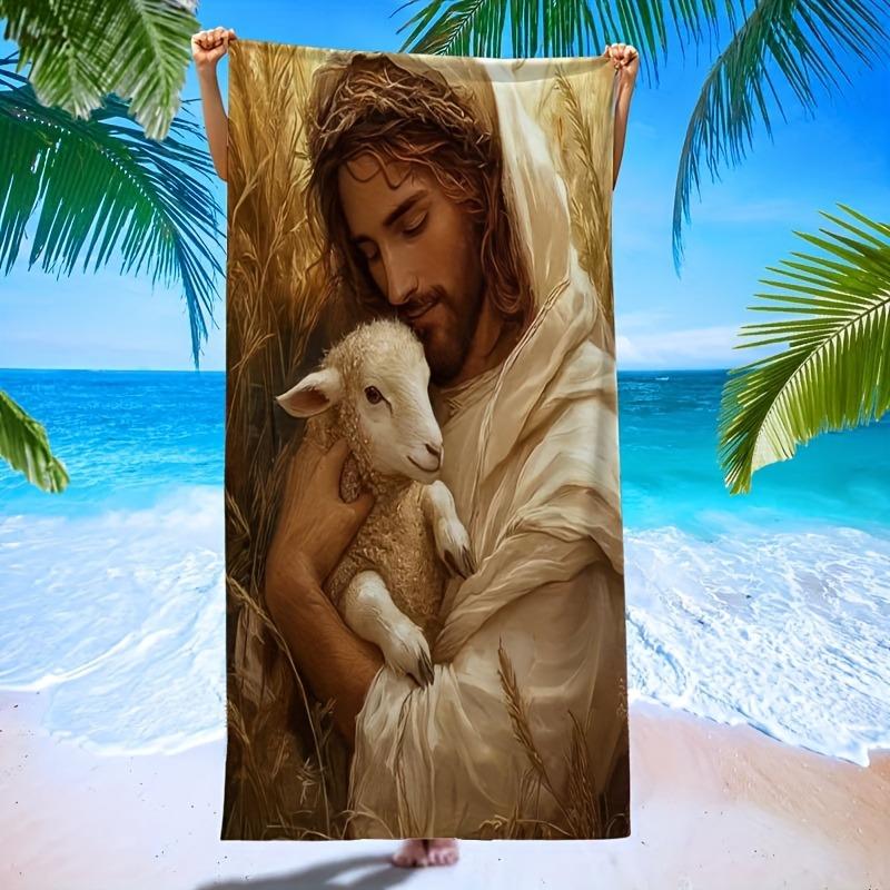 

Father Holding Lamb Picture Printed Beach Towel Portable Quick Drying Sand Outdoor Travel Swimming Blanket Quick Drying Towel W30*H60(CM)