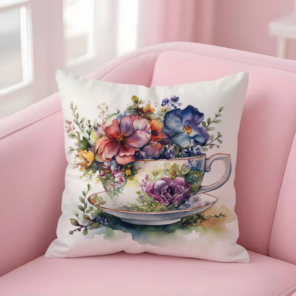 Painting Cup Of Flowers Pillow Case Soft Plush Fabric Double Sided Print Decorative Home Living Room Gift Cushion Cover