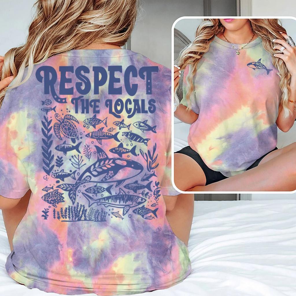 Ocean Animal Vintage Print T Shirt "Respect The Locals" Ocean Beach Series T-Shirts Unisex Unisex Short Sleeve Summer Vibes Tshirts