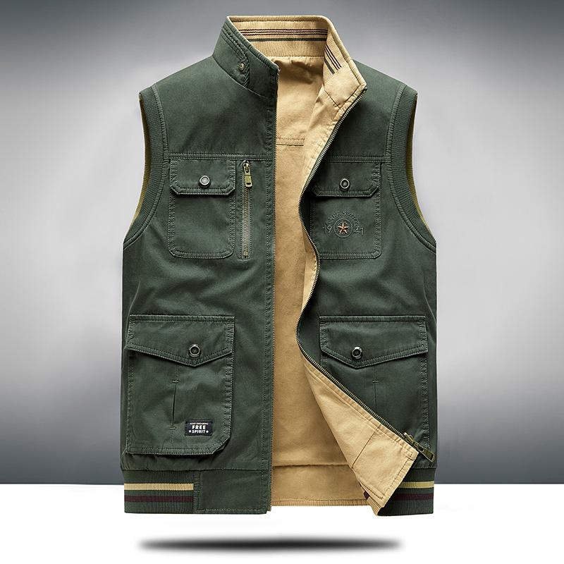 

Reversible Multi-Pocket Cotton Vest for Middle-Aged & Elderly Men - Sleeveless, Loose Fit for Spring & Autumn 4XL
