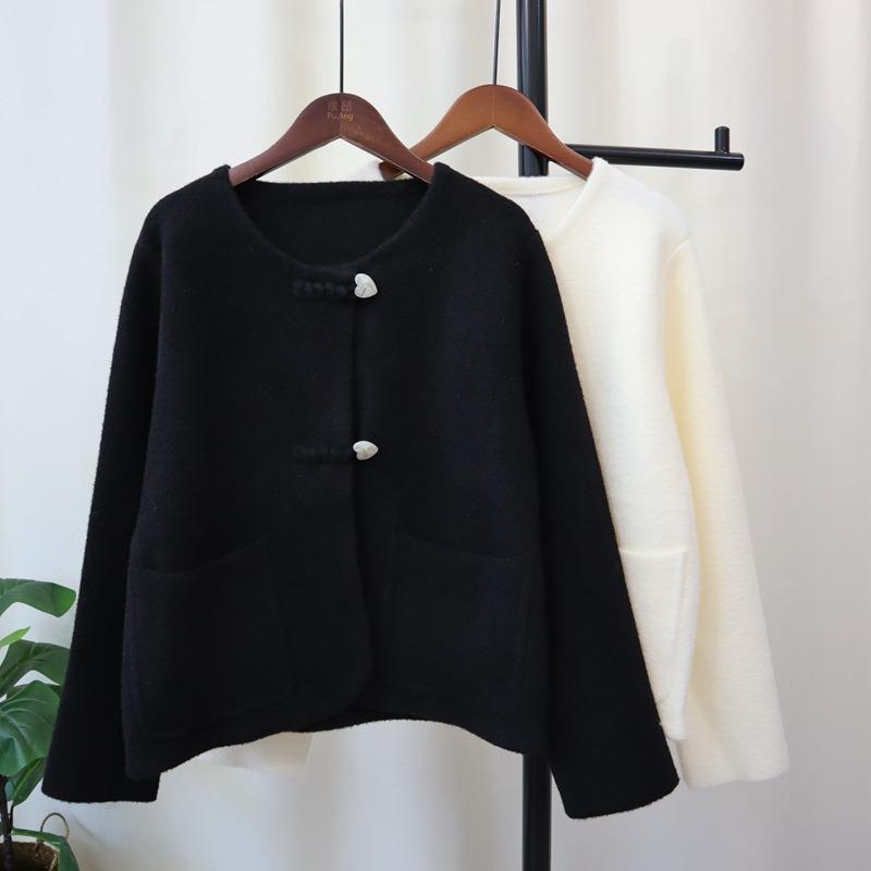 Love Buckle Knitted Double-sided Cardigan Short Coat Autumn and Winter New Loose Sweater Jacket Women