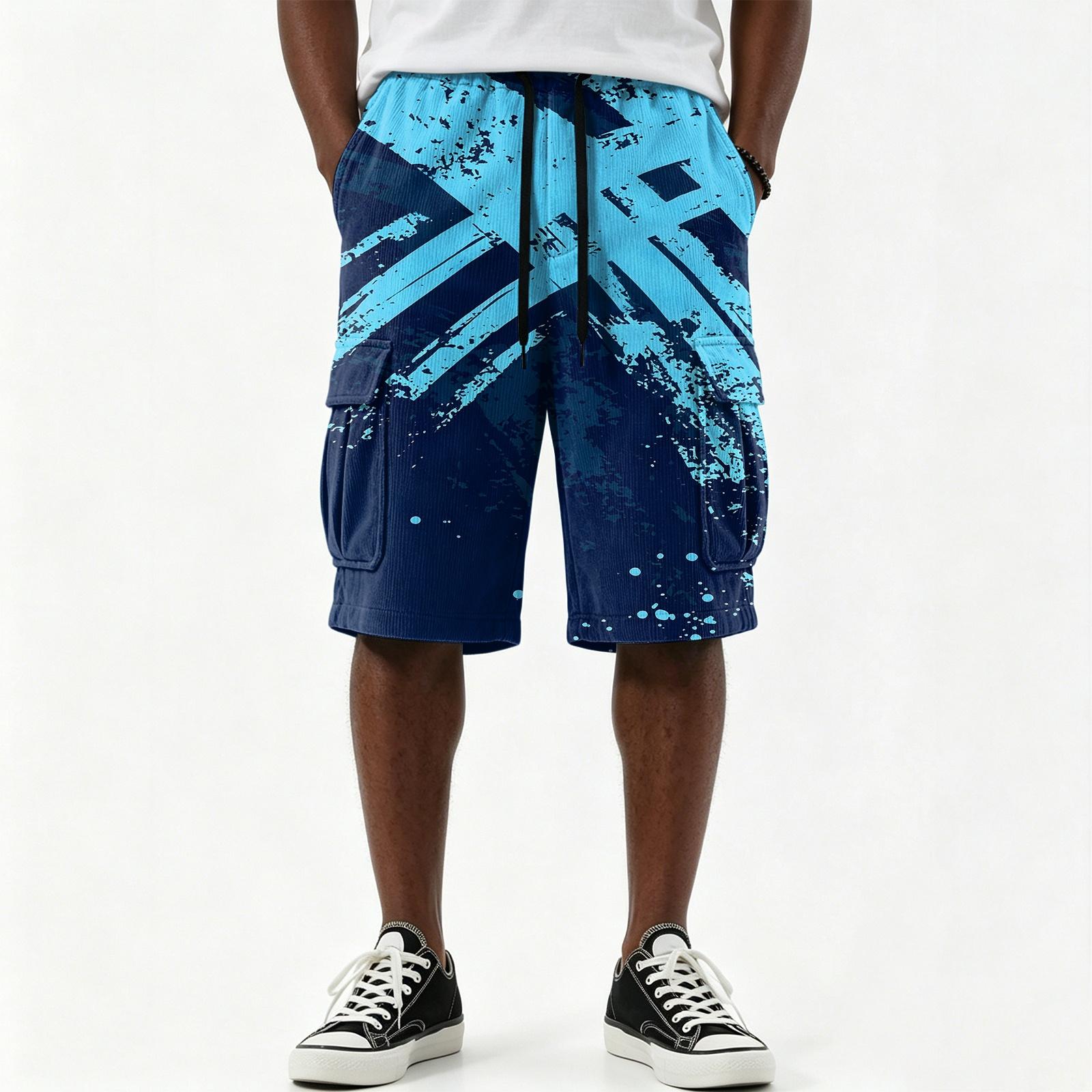 Herren Casual Farbverlauf Print Kordelzug Cargoshorts Mehrere Taschen Knielang Leichte Sommerhose M blue