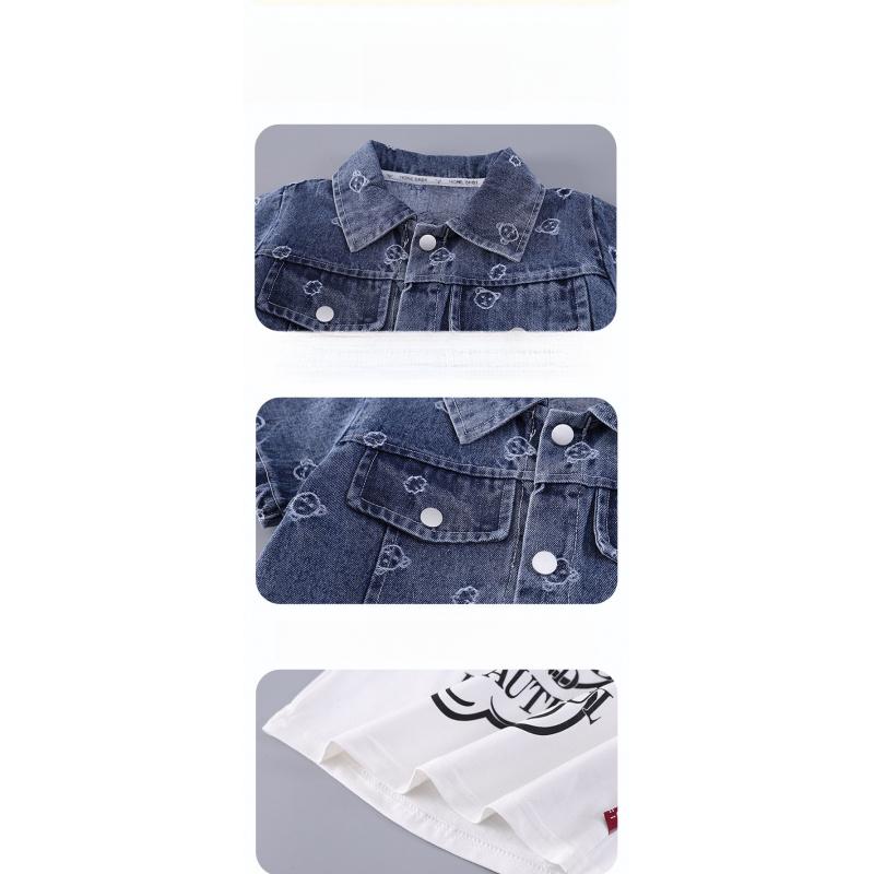 New Summer Outfit For Children: Stylish Girls' Denim Jacquard Short-Sleeve Three-Piece Set For Toddlers And Young Children
