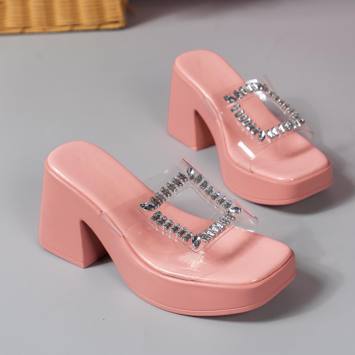 

European and American cool slippers women s spring and summer new fashion sequins one-word drag rhinestone half slippers platform high heels women 42 рожевий