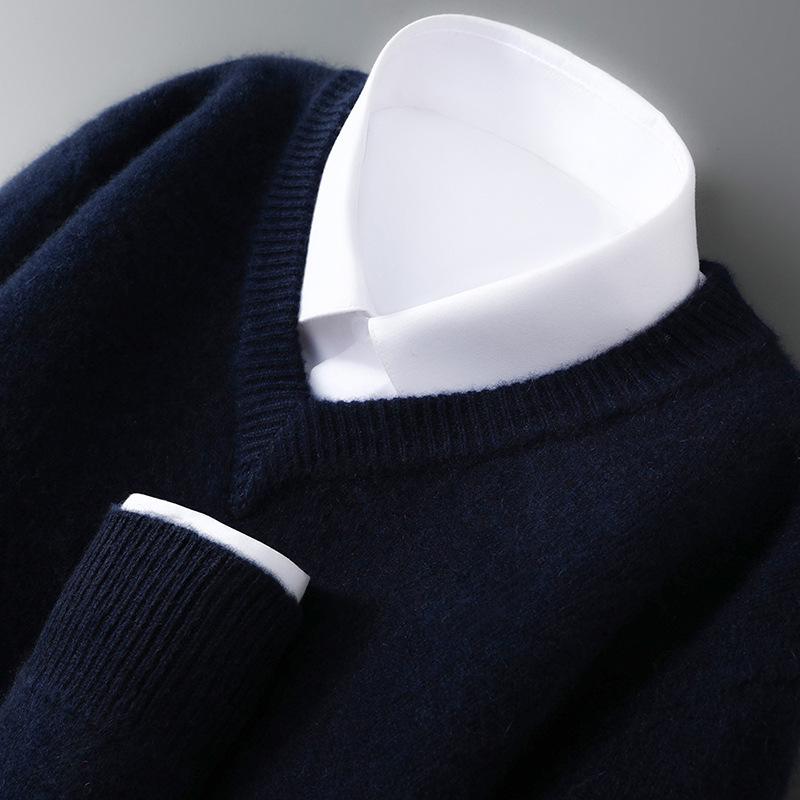 Men s 100% Pure Wool V-neck Thick Warm Business Casual Sweater L