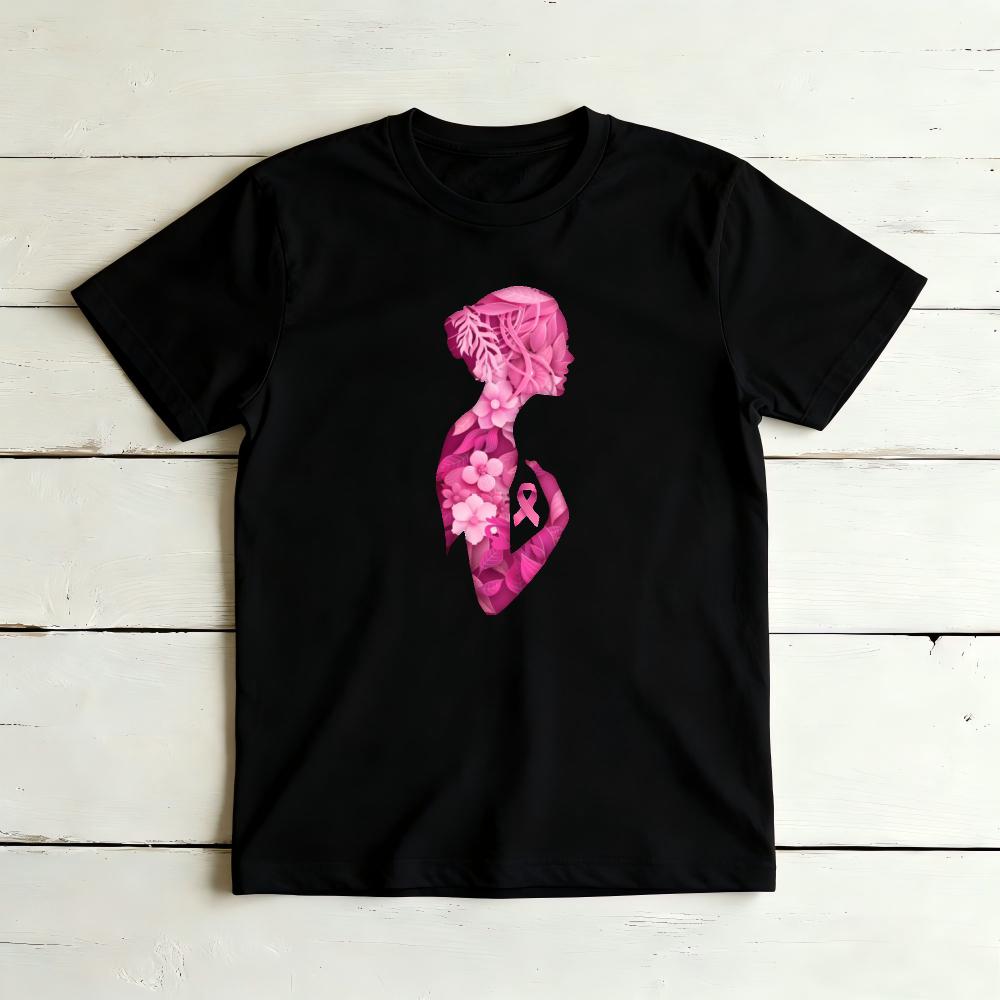 vFloral Silhouette Blackunisex Pink Ribbon Graphicunisex Summer Cotton T Shirt Inspirational Breast Cancer Short Sleeve Garment