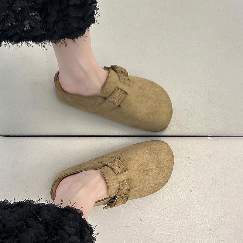 Fashion Embroidered Round-toe Shallow-mouth Metal Buckle Soft-sole Anti-slip Wear-resistant Flat-sole Wrapped-head Slippers