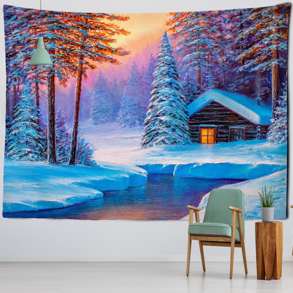 Ölgemälde Schneeszene Wandteppich Wandbehang Weihnachtsbaum Naturlandschaft Psychedelisch Hexerei Ästhetischer Raum