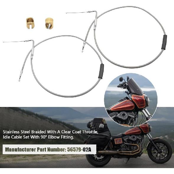 42" Stainless Steel Throttle and Idle Cable Set Fit for Harley Davidson 1996-UP, Idle Cable Set with 90° Elbow Fitting Replace 56579-02A