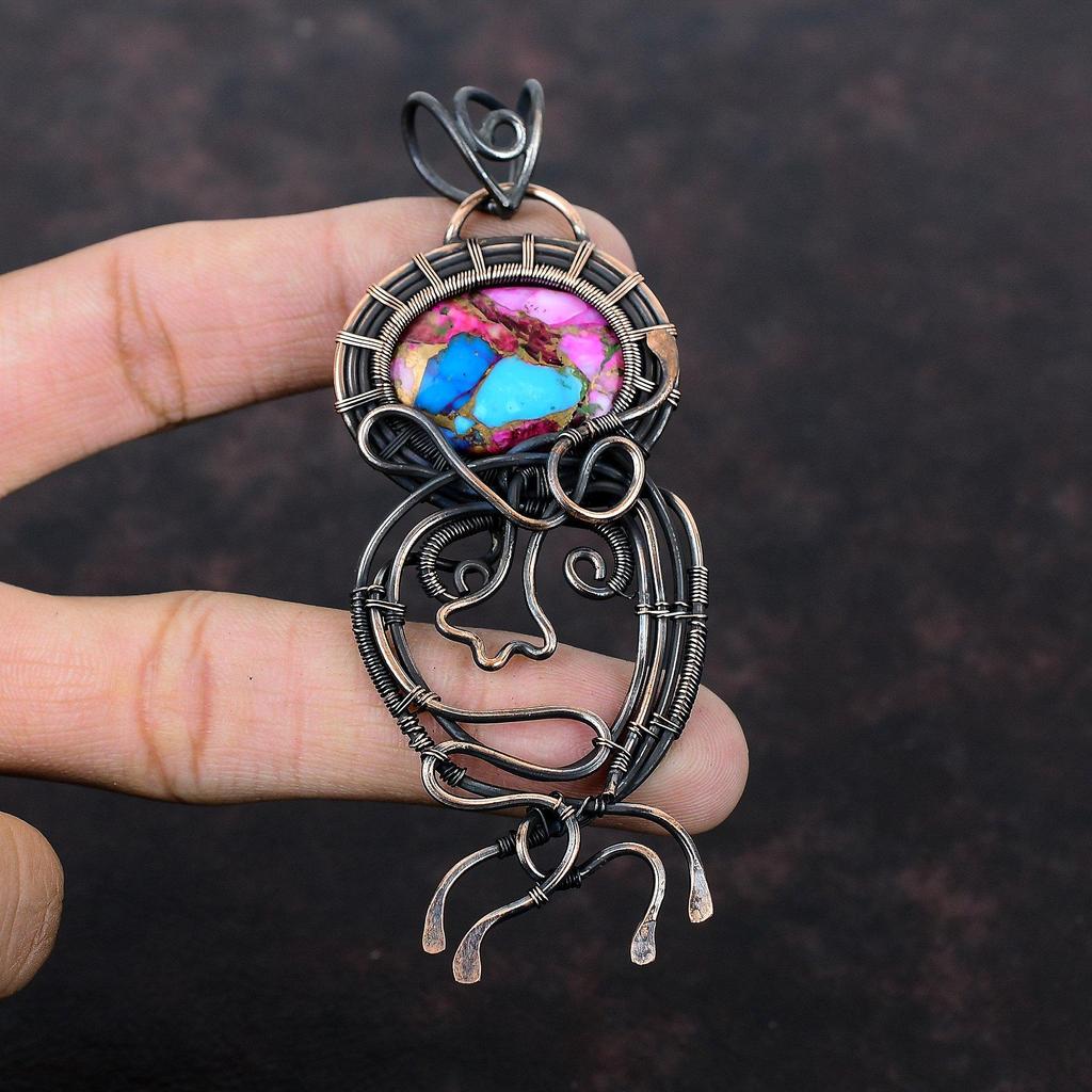 Pandantiv Natural Kingman Roz Dahlia Turcoaz, Pandantiv Înfășurat în Sârmă de Cupru, Bijuterii Handmade cu Pietre Prețioase, Bijuterii din Cupru, Pandantiv Elegant pentru Cadou