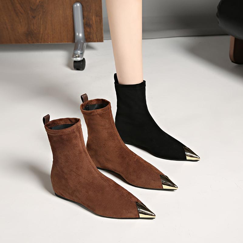 Collision-Resistant Metal Pointed Toe Fashion Booties Women's Autumn Suede Inside Heightening Skinny Boots